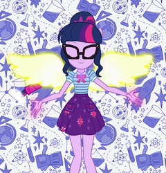 Size: 1035x1078 | Tagged: safe, screencap, sci-twi, twilight sparkle, angel, equestria girls, equestria girls series, g4, clothes, cropped, eyes closed, female, geode of telekinesis, glasses, glowing wings, intro, magical geodes, ponied up, ponytail, sci-twilicorn, skirt, smiling, wings