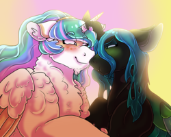 Size: 3000x2400 | Tagged: safe, artist:venomlion3, princess celestia, queen chrysalis, alicorn, changeling, changeling queen, pony, g4, chest fluff, female, high res, lesbian, ship:chryslestia, shipping