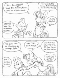 Size: 849x1100 | Tagged: safe, artist:circe, spike, twilight sparkle, alicorn, anthro, comic:soreloser, black and white, clothes, grayscale, monochrome, pleated skirt, skirt, traditional art, twilight sparkle (alicorn)