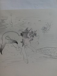 Size: 2448x3264 | Tagged: safe, artist:hkpegasister, oc, oc only, oc:hyperion, oc:mint petal, fish, original species, shark pony, glasses, high res, monochrome, sharkified, traditional art, underwater