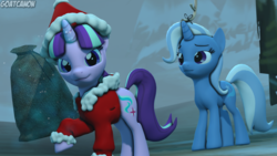 Size: 3840x2160 | Tagged: safe, artist:goatcanon, starlight glimmer, trixie, g4, 3d, antlers, christmas, clothes, costume, crossover, dr. seuss, hat, high res, holiday, how the grinch stole christmas, levitation, magic, max (the grinch), parody, santa costume, santa hat, source filmmaker, telekinesis, the grinch