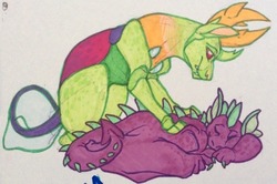 Size: 500x332 | Tagged: safe, artist:glamrockbonnie, artist:warrioratheart, spike, thorax, changedling, changeling, dragon, g4, back rubbing, backrub, duo, eyes closed, friendship, friendshipping, king thorax, male, massage, paper, simple background, traditional art, white background