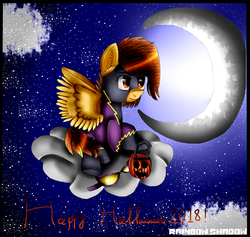 Size: 1900x1798 | Tagged: safe, artist:rainbowshadowmlp, oc, oc:rainbow shadow, clothes, cloud, costume, goggles, halloween, holiday, jack-o-lantern, moon, night, pumpkin, shadowbolts costume, stars