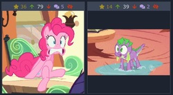 Size: 863x475 | Tagged: safe, screencap, pinkie pie, spike, derpibooru, g4, the last roundup, the return of harmony, crossed legs, desperation, fetish fuel, implied watersports, juxtaposition, juxtaposition win, meme, meta, need to pee, omorashi, potty emergency, potty time, puddle, water, wet