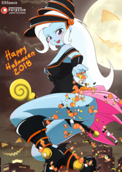 Size: 905x1280 | Tagged: safe, alternate version, artist:emjapeve-art, trixie, equestria girls, g4, ass, breasts, butt, female, halloween, holiday, legs, looking at you, moon, patreon, patreon logo, solo, the great and powerful ass, thighs, yu-gi-oh!