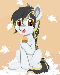 Size: 1200x1500 | Tagged: safe, artist:rhythmpixel, oc, oc only, oc:sunflower seed, bat pony, earth pony, pony, bat pony oc, braid, candle, cupcake, fangs, female, filly, food, hooves, leaves, lineless, mare, offspring, open mouth, parent:oc:evo, parent:oc:metal tune, parents:oc x oc, solo