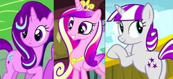 Size: 2048x942 | Tagged: safe, princess cadance, starlight glimmer, twilight velvet, alicorn, pony, unicorn, g4, cutie mark, female, jewelry, mare, mother, regalia, smiling, tiara