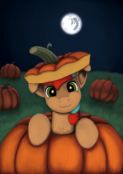 Size: 1654x2339 | Tagged: safe, artist:redquoz, oc, oc only, oc:allegra mazarine, pegasus, pony, curly mane, evening, female, field, floppy ears, full moon, green eyes, hat, head tilt, looking at you, looking back, mare, mare in the moon, moon, night, nightmare night, painting, paintstorm studio, pumpkin, smiling, solo