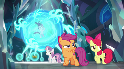Size: 1280x720 | Tagged: safe, screencap, apple bloom, scootaloo, starlight glimmer, sweetie belle, earth pony, pegasus, pony, unicorn, g4, school raze, clover the clever's cloak, crown, crown of grover, cutie mark crusaders, female, filly, foal, jewelry, knuckerbocker's shell, mare, regalia, shell