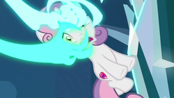 Size: 1280x720 | Tagged: safe, screencap, sweetie belle, pony, unicorn, g4, school raze, female, filly, foal, hand, magic, magic hands, out of context, solo, trapped