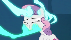 Size: 1280x720 | Tagged: safe, screencap, sweetie belle, pony, unicorn, g4, school raze, cutie mark, female, filly, foal, hand, magic, magic hands, out of context, solo, squishy cheeks, the cmc's cutie marks