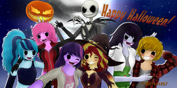 Size: 4600x2300 | Tagged: safe, artist:marcyeveret, pinkie pie, sonata dusk, sunset shimmer, twilight sparkle, equestria girls, g4, adventure time, blush sticker, blushing, clothes, costume, crossover, ember mclain, female, finn the human, halloween, halloween costume, happy, happy halloween, harley quinn, hat, holiday, jack skellington, lesbian, life is strange, male, marceline, maxine caulfield, mercy, moon, night, one eye closed, overwatch, pumpkin, shimmercy, ship:pinata, ship:sunsetsparkle, shipping, stars, straight, the nightmare before christmas, victory sign, wink, witch hat