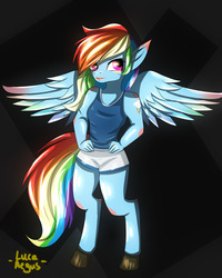 Size: 1280x1600 | Tagged: safe, artist:lucaaegus, rainbow dash, anthro, unguligrade anthro, g4, bare hooves, clothes, hooves, lipstick, shorts, sports outfit, tank top