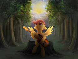 Size: 2887x2199 | Tagged: safe, artist:klarapl, rainbow dash, scootaloo, pegasus, pony, g4, bass guitar, feels, female, filly, floppy ears, forest, guitar, high res, left handed, looking up, misleading thumbnail, musical instrument, not fluttershy, rainbow trail, sad, scootabass, scootaloo can't fly, scootasad, sitting, solo, tree, tree stump