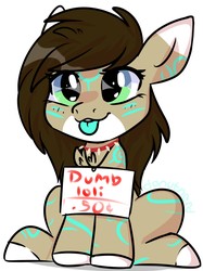 Size: 1776x2376 | Tagged: safe, artist:donutnerd, oc, oc only, oc:rune, pony, cel shading, chest fluff, dumb, ears, female, for sale, hooves, humor, mare, pony shaming, shaming, sign, sitting, slave, smug, solo, tongue out, young