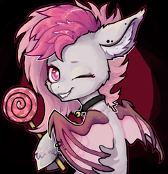 Size: 990x1024 | Tagged: safe, artist:teichi, oc, oc only, oc:candy quartz, bat pony, pony, bat pony oc, candy, collar, cute, ear piercing, fangs, female, fluffy, food, lollipop, looking at you, looking back, looking back at you, one eye closed, piercing, shaved mane, simple background, smiling, solo, two toned mane, two toned wings, wing piercing, wings, wink