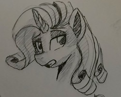 Size: 823x654 | Tagged: safe, artist:post-it, rarity, pony, unicorn, g4, bust, female, ink drawing, inktober, mare, monochrome, simple background, sketch, solo, traditional art, white background