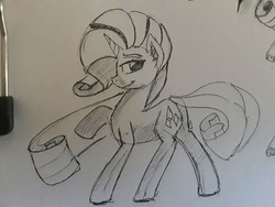 Size: 1030x773 | Tagged: safe, artist:post-it, rarity, pony, unicorn, g4, female, ink drawing, inktober, looking at you, mare, monochrome, raised hoof, simple background, sketch, smiling, solo, traditional art, white background