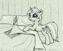 Size: 928x754 | Tagged: safe, artist:el-yeguero, lyra heartstrings, pony, unicorn, g4, bed, bedsheets, female, mare, monochrome, pillow, sketch, smiling, solo