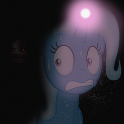 Size: 2292x2292 | Tagged: safe, artist:shutterflyeqd, trixie, pony, g4, female, glowing horn, high res, horn, magic, mare, oh no, oh no no nonono!, red eyes, scared, solo, this will end in death