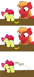 Size: 1280x2887 | Tagged: safe, artist:ljdamz1119, apple bloom, big macintosh, earth pony, pony, g4, banana, bananabloom, bow, brother and sister, comic, female, filly, floppy ears, food, freckles, hair bow, looking at each other, looking down, male, raised hoof, simple background, stallion, table, text, transparent background
