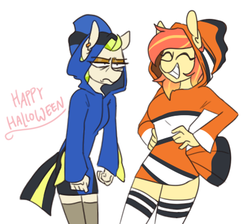 Size: 435x389 | Tagged: safe, artist:redxbacon, oc, oc only, oc:golden keylime, oc:sunny lane, oc:trash, anthro, anthro oc, clothes, cosplay, costume, ear piercing, earring, eyes closed, halloween, hand on hip, holiday, hoodie, jacket, jewelry, piercing, simple background, smiling, socks, thigh highs, unamused