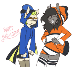 Size: 435x389 | Tagged: safe, alternate version, artist:redxbacon, oc, oc only, oc:golden keylime, oc:trash, anthro, anthro oc, clothes, cosplay, costume, ear piercing, earring, eyes closed, halloween, hand on hip, holiday, hoodie, jacket, jewelry, piercing, simple background, smiling, socks, thigh highs, unamused, white background