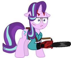 Size: 8956x7317 | Tagged: safe, artist:ejlightning007arts, starlight glimmer, pony, unicorn, g4, :i, absurd resolution, ash williams, blood, chainsaw, clothes, costume, evil dead, female, halloween, halloween costume, i mean i see, simple background, solo, transparent background