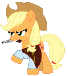 Size: 7166x8100 | Tagged: safe, artist:ejlightning007arts, applejack, earth pony, pony, g4, absurd resolution, clint eastwood, clothes, costume, female, freckles, gun, halloween, halloween costume, mare, mouth hold, raised hoof, simple background, solo, transparent background, weapon