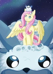 Size: 2480x3508 | Tagged: safe, artist:villaincorner, fluttershy, pegasus, pony, winterchilla, winterzilla, g4, my little pony best gift ever, cute, duality, female, high res, looking up, mare, night, shyabetes, sitting on head, smiling, spread wings, wings, winter