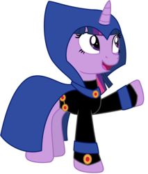 Size: 6437x7547 | Tagged: safe, artist:ejlightning007arts, twilight sparkle, pony, g4, absurd resolution, clothes, cosplay, costume, female, halloween, halloween costume, raven (dc comics), simple background, solo, teen titans, transparent background, twiraven, voice actor joke