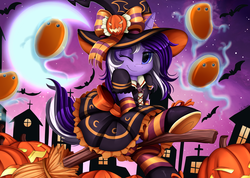 Size: 3509x2500 | Tagged: safe, artist:pridark, oc, oc only, oc:scarlet melody, oc:scarlet notes, bat, pony, unicorn, broom, clothes, commission, crescent moon, female, flying, flying broomstick, food, halloween, high res, holiday, jack-o-lantern, mare, moon, night, nightmare night, one eye closed, pancakes, pumpkin, smiling, socks, solo, stars, striped socks, town, wink, witch
