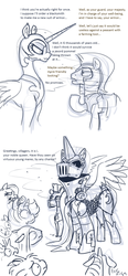 Size: 900x1944 | Tagged: safe, artist:bigrigs, nightmare moon, alicorn, earth pony, pegasus, pony, unicorn, g4, alternate timeline, armor, dialogue, female, helmet, male, mare, monochrome, royal guard, solo, stallion