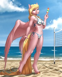 Size: 2500x3125 | Tagged: safe, artist:mykegreywolf, oc, oc only, oc:vee, pegasus, anthro, unguligrade anthro, anthro oc, armpits, beach, belly button, bikini, breasts, clothes, commission, female, food, high res, ice cream, looking at you, mare, reasonably sized breasts, side-tie bikini, smiling, solo, swimsuit