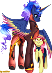 Size: 1391x1942 | Tagged: safe, artist:mailner, apple bloom, princess luna, alicorn, demon, pony, g4, clothes, colored wings, costume, crying, fangs, female, filly, lipstick, mare, mercy, nightmare night, overwatch, ponytail, simple background, transparent background