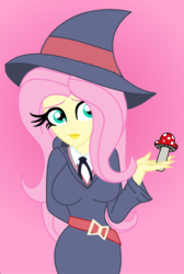 Size: 600x894 | Tagged: safe, artist:cbear624, fluttershy, human, equestria girls, g4, anime, clothes, commission, cosplay, costume, female, hat, little witch academia, mushroom, solo, sucy manbavaran, witch, witch hat