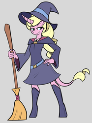 Size: 1140x1528 | Tagged: safe, artist:whatsapokemon, oc, oc only, oc:eureka, unicorn, anthro, unguligrade anthro, anthro oc, belt, boots, broom, clothes, costume, female, halloween, hand on hip, hat, holiday, little witch academia, looking away, shoes, simple background, skirt, smiling, solo, white background, witch