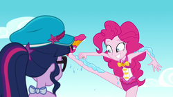 Size: 1920x1080 | Tagged: safe, screencap, pinkie pie, sci-twi, twilight sparkle, equestria girls, equestria girls specials, g4, my little pony equestria girls: better together, my little pony equestria girls: forgotten friendship, clothes, cupcake, duo, duo female, female, food, geode of sugar bombs, hat, magical geodes, pink swimsuit, swimsuit