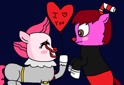Size: 732x503 | Tagged: safe, artist:logan jones, pinkie pie, oc, oc:logan berry, g4, alternate hairstyle, balloon, blushing, canon x oc, clothes, clown, clown nose, costume, cuphead, cuphead (character), female, halloween, halloween costume, heart balloon, holiday, it, loganpie, makeup, male, nightmare night, pennywise, pinkiewise, red nose, straw
