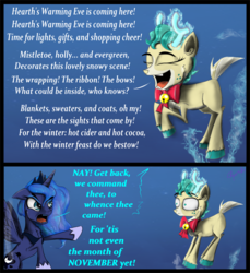 Size: 1850x2020 | Tagged: safe, artist:chopsticks, alice the reindeer, princess luna, deer, pony, reindeer, g4, my little pony best gift ever, cheek fluff, clothes, concave belly, crown, cute, deer magic, dialogue, ear fluff, female, holiday, hoof fluff, hoof shoes, jewelry, levitation, magic, neck fluff, night, night sky, nightmare night, open mouth, physique difference, prancing, regalia, shoes, singing, sky, slender, telekinesis, text, thin, ye olde butcherede englishe, yelling