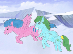 Size: 1024x768 | Tagged: safe, artist:4-chap, firefly, medley, pegasus, pony, g1, anatomically incorrect, bow, duo, female, flying, glacier, ice age, incorrect wing anatomy, mare, tail bow