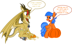 Size: 2820x1727 | Tagged: safe, artist:theeditormlp, oc, oc:secret dreamer, oc:vector, dragon, pony, butt, female, mare, plot, pumpkin, simple background, transparent background