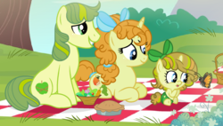 Size: 1664x942 | Tagged: safe, artist:nocturna76, apple bud, pumpkin cake, oc, oc:fruit cake, butterfly, pony, g4, baby, baby pony, basket, bow, budbetes, carrot, cute, diaper, food, older, older apple bud, older pumpkin cake, parent:apple bud, parent:pumpkin cake, parents:pumpkinbud, picnic basket, picnic blanket, pie, prone, pumpkinbetes, ship:pumpkinbud