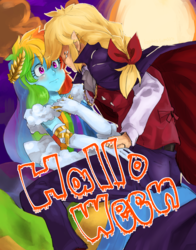 Size: 832x1062 | Tagged: safe, artist:kogarasumaru24, applejack, rainbow dash, equestria girls, g4, clothes, dress, female, gala dress, halloween, holiday, lesbian, moon, ship:appledash, shipping