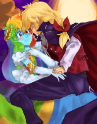 Size: 832x1062 | Tagged: safe, artist:kogarasumaru24, applejack, rainbow dash, equestria girls, g4, clothes, dress, female, gala dress, lesbian, moon, ship:appledash, shipping