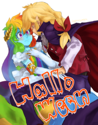 Size: 832x1062 | Tagged: safe, alternate version, artist:kogarasumaru24, applejack, rainbow dash, equestria girls, g4, clothes, dress, female, gala dress, halloween, holiday, lesbian, ship:appledash, shipping, simple background, white background