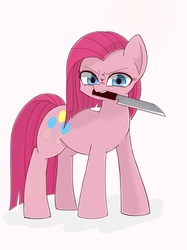 Size: 1024x1366 | Tagged: safe, artist:manachaaaaaaaa, pinkie pie, earth pony, pony, g4, female, knife, mare, pinkamena diane pie, scowl, simple background, solo, white background