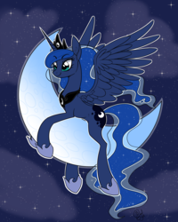 Size: 3333x4167 | Tagged: safe, artist:basykail, artist:casualcolt, princess luna, alicorn, pony, cloud, collaboration, crescent moon, cute, ear fluff, female, hug, mare, moon, night, prone, sky, smiling, solo, spread wings, stars, tangible heavenly object, transparent moon, white outline, wings