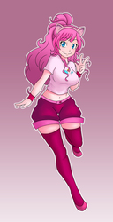 Size: 1005x1964 | Tagged: safe, artist:jorgestarny, pinkie pie, human, g4, alternate hairstyle, belly button, breasts, busty pinkie pie, cat ears, cutie mark, fanart, female, humanized, looking at you, pink socks, solo