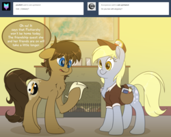 Size: 1280x1024 | Tagged: safe, artist:fluffyxai, derpy hooves, oc, oc:spirit wind, earth pony, pegasus, pony, tumblr:ask spirit wind, g4, chest fluff, clothes, dexterous hooves, duo, female, hat, mail, mailmare, mailmare hat, mare, tumblr, uniform